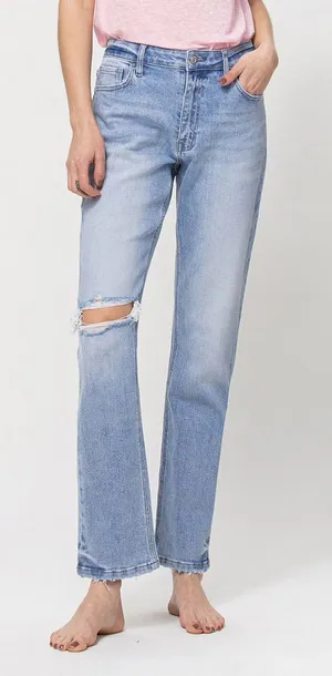 Vervet Blue Denim Distressed Knee High Rise Stretch Boyfriend Jeans Style V2744 thumbnail 1