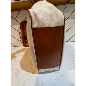 Michael Kors Montauk canvas shoulder bag cream fabric brown leather handles Y2K thumbnail 8