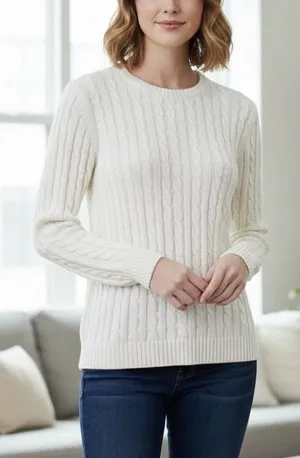 LL Bean Ivory Pullover Cable Crew‎ Neck Long Sleeve Cotton Sweater Size MEDIUM thumbnail 1