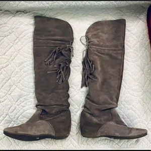 Grey suede over the knee tassel boots. thumbnail 1