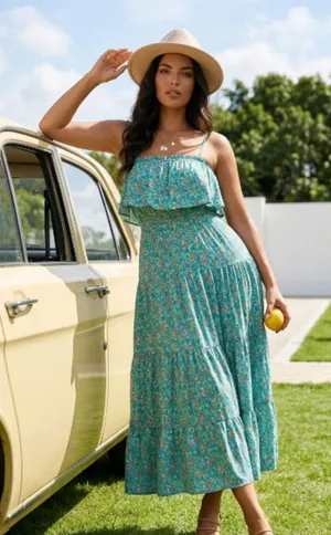NWT Green Floral Ruffle Boho Maxii Dress thumbnail 1