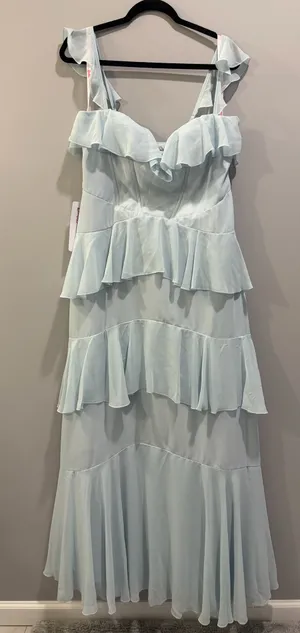 NWT Azazie X Barbie 1025 A-Line Sweetheart Neckline Chiffon Ruffle Detail Maxi Dress Mist Blue thumbnail 4