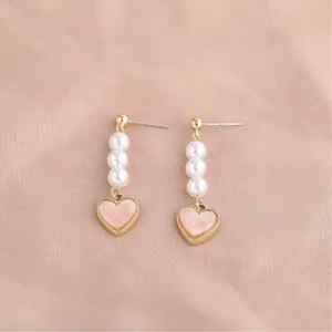 Pink Heart Pearl Dangle Drop Earrings for Women thumbnail 2