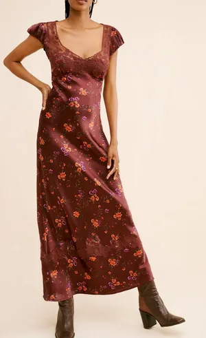 Free People Butterfly Babe Burgundy Floral Satin Lace-Trim Maxi Dress thumbnail 1