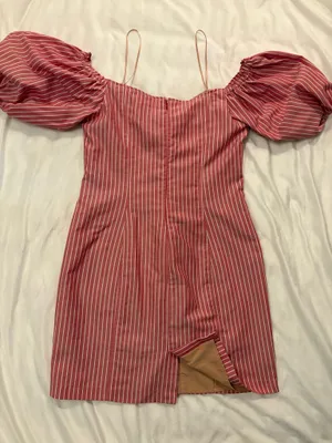 WAYF Red/White Striped Puff Sleeve Lace-Up Mini Dress M thumbnail 1