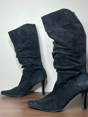 Vintage Bandolino Black Suede Slouch Point Toe Heeled Boots Y2K Size 7 thumbnail 2