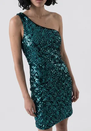 Lulus teal sequin bodycon dress in size XS one sleeve and off the shoulder on the other side #hoco #party thumbnail 1