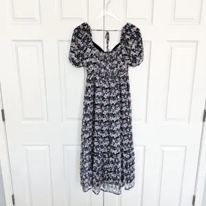 ASTR The Label V-Wire Sweetheart Floral Midi Dress Puff Sleeve Purple Navy thumbnail 8