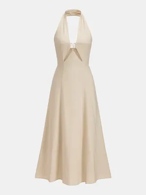 Commense Cut-Out Linen Blend Halter Maxi Dress Khaki Beige Small NWT thumbnail 2