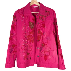 Laura Ashley Womens Pink‎ Embroidered Floral Applique Denim Jacket Small Spring thumbnail 1