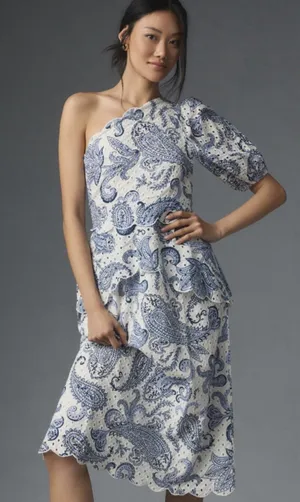 Farm Rio Summer One Shoulder Eyelet Midi Dress White Blue Asymmetric Boho Resort thumbnail 1