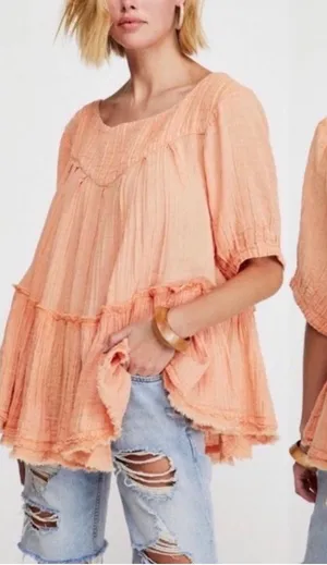 Free People Mystery Land Tunic Orange Cotton Gauze Tiered Boho Mini Dress Small‎ thumbnail 1