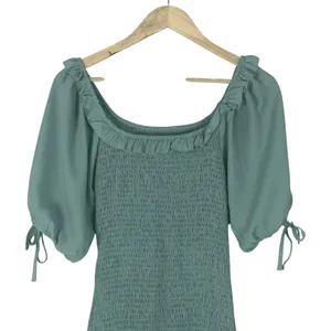 A Love Like You Dress Cottagecore Puff Sleeve Mini Dress Green Smocked Ruffle S thumbnail 3