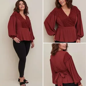 TORRID Crinkle Gauze Lace Inset Surplice Top Tie Wrap in Madder Brown Size 1 thumbnail 2
