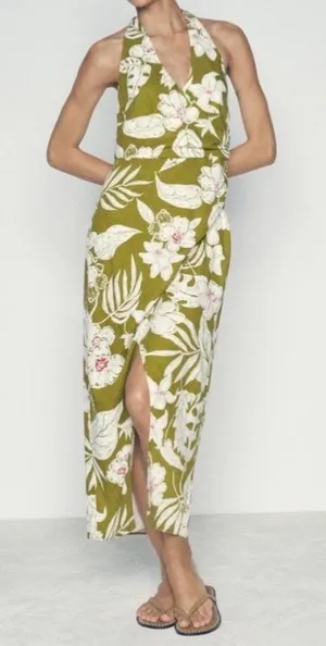 NEW Zara Linen Floral Tropical Halter Neck Maxi Dress Green Khaki White Pink XS thumbnail 1