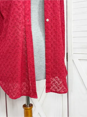 Lauren Ralph Lauren Eyelet Button Up Tunic Shirt Red Small Cottage Preppy Cotton thumbnail 6