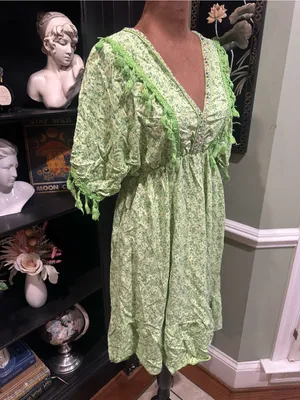 Three Stars Boho Embroidered Fringe Mini Dress – Bright Green Floral – Size S/M thumbnail 12