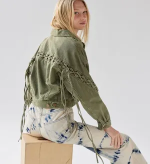 Urban Outfitters Army Olive Green BDG Samarria Laced Fringe Denim Trucker Jacket thumbnail 1