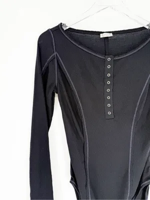 NWT Free People Sloane Henley Bodysuit Womens S Black Textured Long Sleeve thumbnail 5