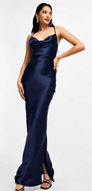 ASOS DESIGN Navy Blue Satin Cami Neck Lace Up Back Maxi Dress Size US 6 NEW thumbnail 1
