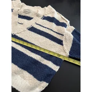 Urban Outfitters Striped Cropped‎ V-Neck Knit Sweater Cream Navy Blue Small Boho thumbnail 3