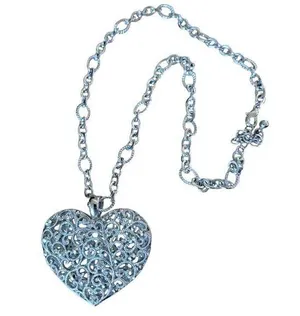 Filagree Double Sided Puffy 3D Heart Necklace w Chain Necklace Silver Tone thumbnail 1