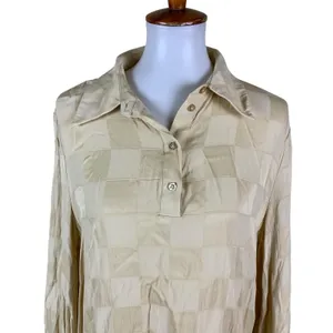 L'Academie Cream Textured Button Blouse Tunic Lightweight Chic Minimalist M thumbnail 3