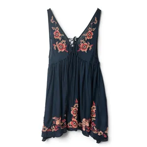 Free People Intimately Navy Blue Floral Embroidered Lace Up Mini Dress Small thumbnail 2