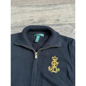 EUC Womens VINTAGE Lauren Ralph Lauren sweater zip black emblem gold detail SZ M thumbnail 3