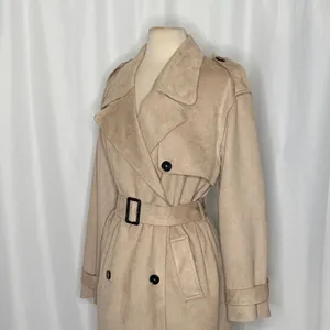 ZARA Faux Suede Trench Coat Belted Jacket Solid Tan Brown Pockets Outdoors Large thumbnail 6