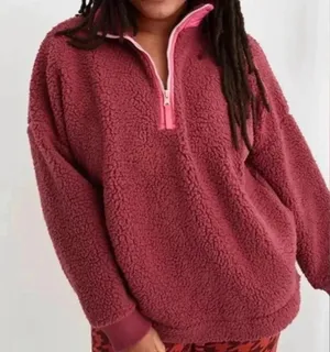 Aerie Dream Sherpa Quarter Zip Sweatshirt, Cherry Pink/Hot Pink, Size Medium thumbnail 1