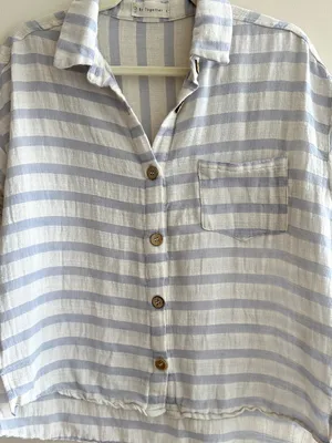 By Together Short Sleeve Button Down Striped Shirt, White/Periwinkle, Size Small thumbnail 3