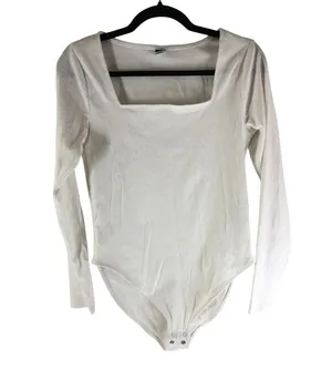 Old Navy Womens Long Sleeve Ribbed Bodysuit Square Neck White L thumbnail 1