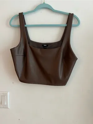 Express Body Contour Faux Leather Square Neck Cropped Tank Top Brown Large thumbnail 3