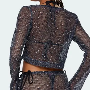 Edikted Idra Crochet Net Tie Front Top NWT size small navy thumbnail 2