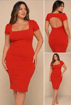 Lulus Red Open Back Bodycon Midi Dress |Square Neck Puff Sleeve| Size Large NWT thumbnail 2