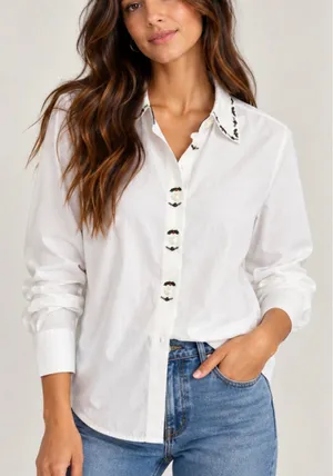 Northern Isles white cotton holly embroidered neckline button down 16 thumbnail 1