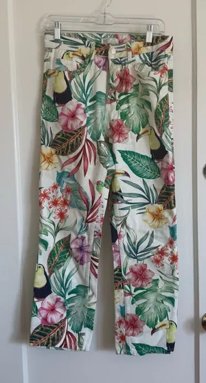Zara Floral Tropical Print Wide-Leg Jeans - White with Green, Pink, Yellow thumbnail 1