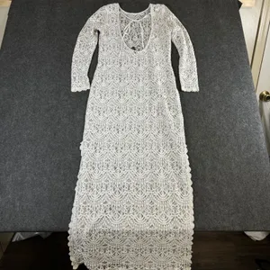 H&M Divided White Lace Maxi Dress Long Sleeve Open Back Side Slit Size 8 thumbnail 2