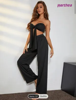 Tie Bandeau Crop Top And Wide Leg Pants Set thumbnail 2