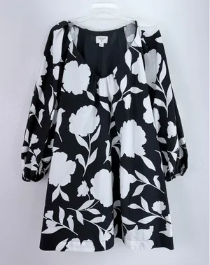 Kate Spade Target Black White Floral Balloon Sleeve Cotton Mini Dress L thumbnail 1
