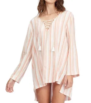 NWT BILLABONG Blue Skies Mini Beach Cover Up Tunic Dress Top Fringe Tie Medium thumbnail 1