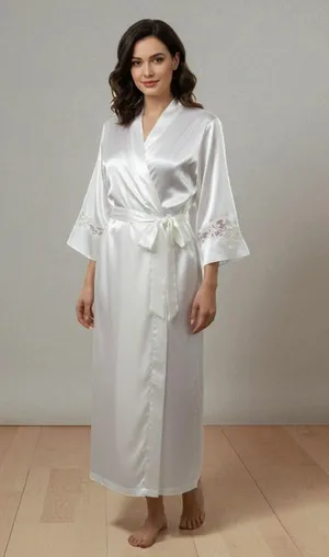 Morgan Taylor Ivory Satin Bridal Robe Size S Maxi Embroidered Sleeves Boudoir thumbnail 1