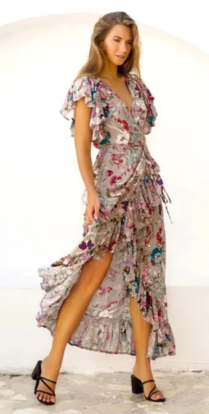 NEW BALIelf Made by Hand Carmen Wrap Short Sleeve Maxi Dress Beige Floral XL thumbnail 1