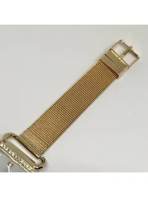 Women’s gold tone watch 27mm square case mop dial rhinestones mesh band running thumbnail 3