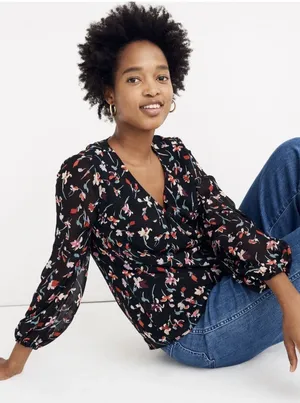 Madewell Shirred Sleeve in Drifting Flowers Blouse Size XS thumbnail 1
