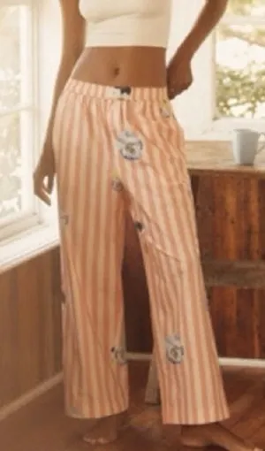 LyreBird Pansy Striped Wide Leg Floral High Waist Cotton Pants Pink Cream Size M thumbnail 1