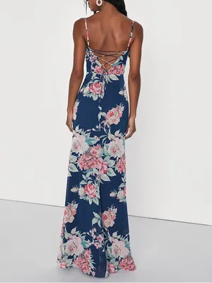 Lulu's Navy Floral Spaghetti-Strap Maxi Dress thumbnail 2
