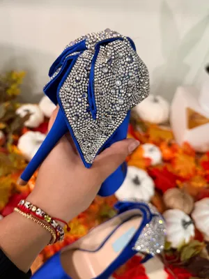 Betsey Johnson Royal Blue Satin Pointed Toe Heels with Crystal Bow thumbnail 9