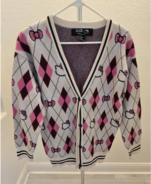 Hello Kitty Forever 21 Argyle Cardigan Sweater Womens Size Small Pink Sanrio thumbnail 1